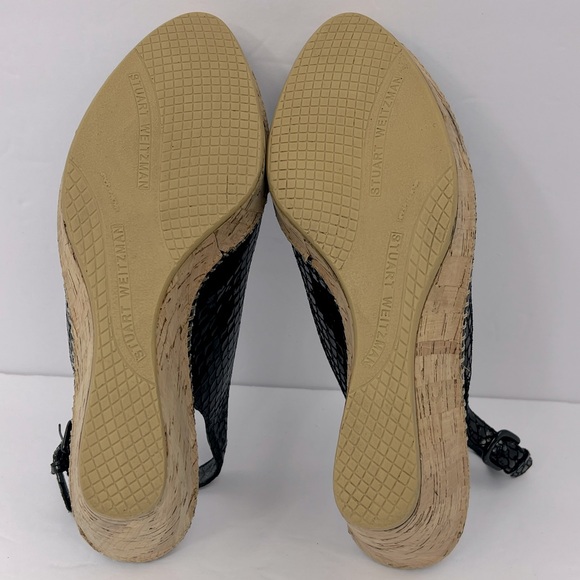 STUART WEITZMAN PATENT SNAKE PRINTED OPEN TOE WEDGE, BLACK, SIZE 8.5M, WOMEN’S - Picture 14 of 16